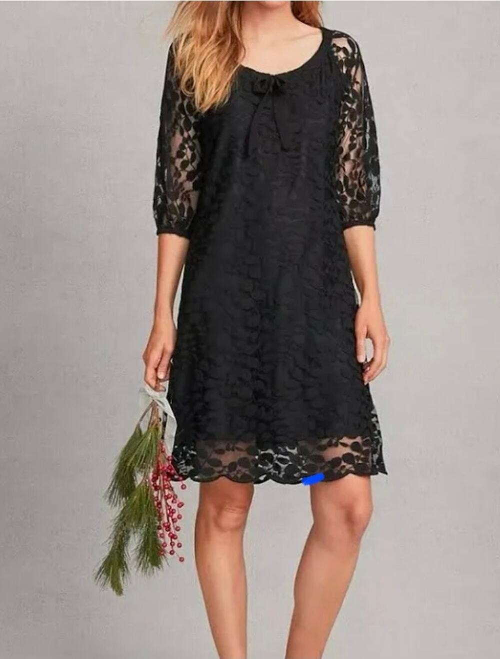 Garnet Hill Black Leaf Lace Shift Dress Womens Size 4 Sheer Sleeve Lined